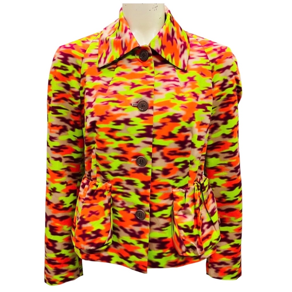 DRIES VAN NOTEN LIME GREEN / BURGUNDY / ORANGE MULTI PRINTED BUTTON FRONT COTTON